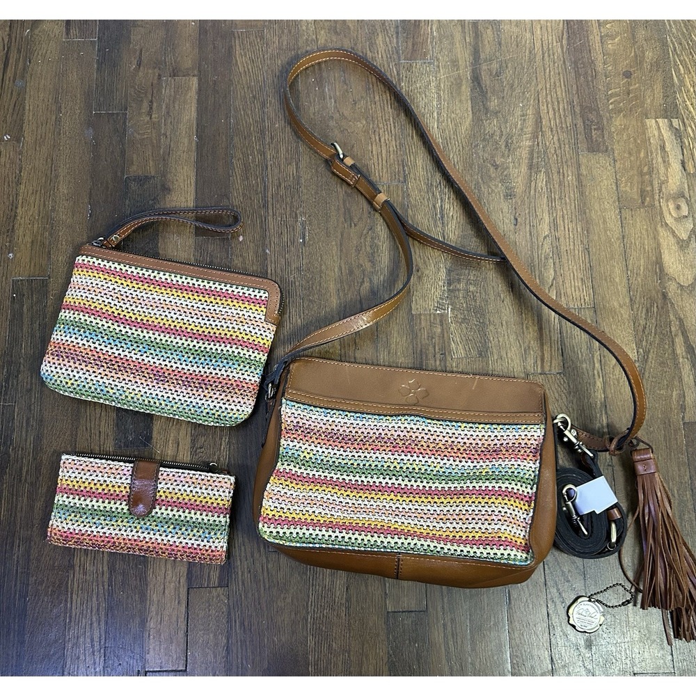Patrica Nash 3 Piece Purse Wristlet And Wallet Leather $ Raffia & Suede Interior